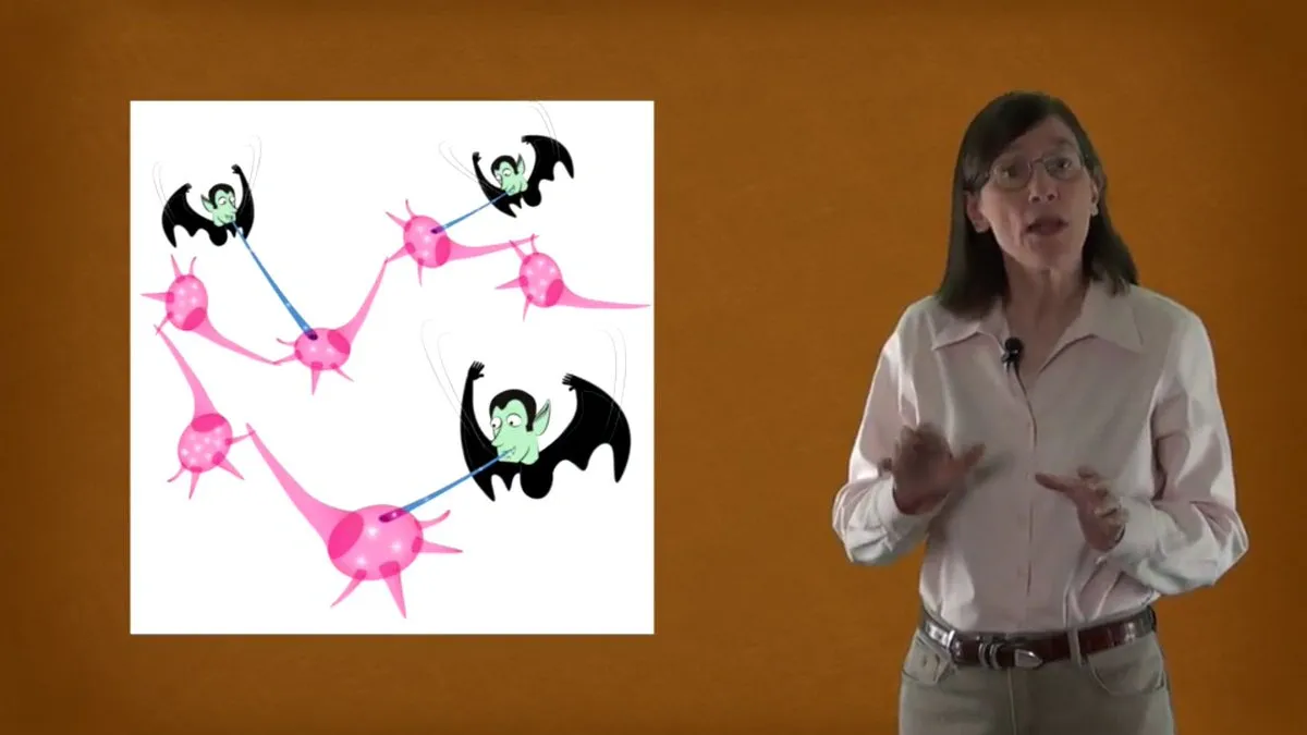 Course slide: cartoon vampires sucking at pink neurons, beside Barbara Oakley.