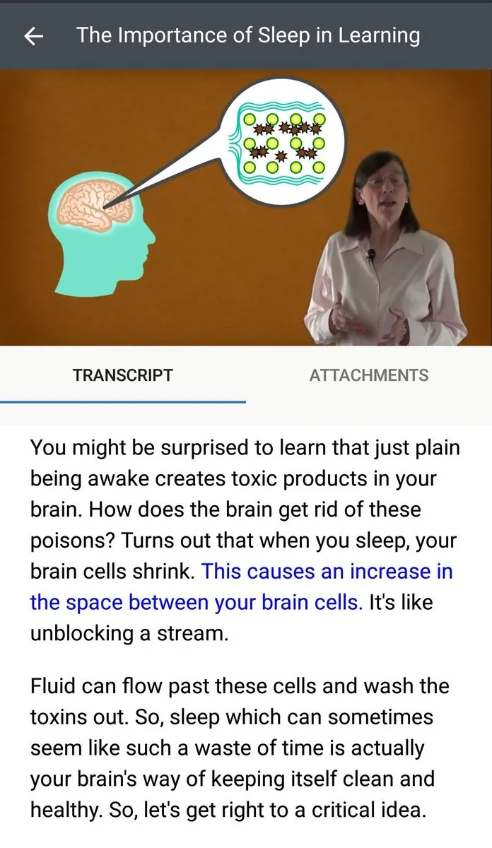 Course transcript, "The Importance of Sleep in Learning": brain cells shrink during sleep so fluid can wash toxins out.